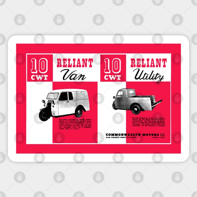 RELIANT 10CWT UTILITY THREE WHEELER - advert Sticker by Throwback Motors